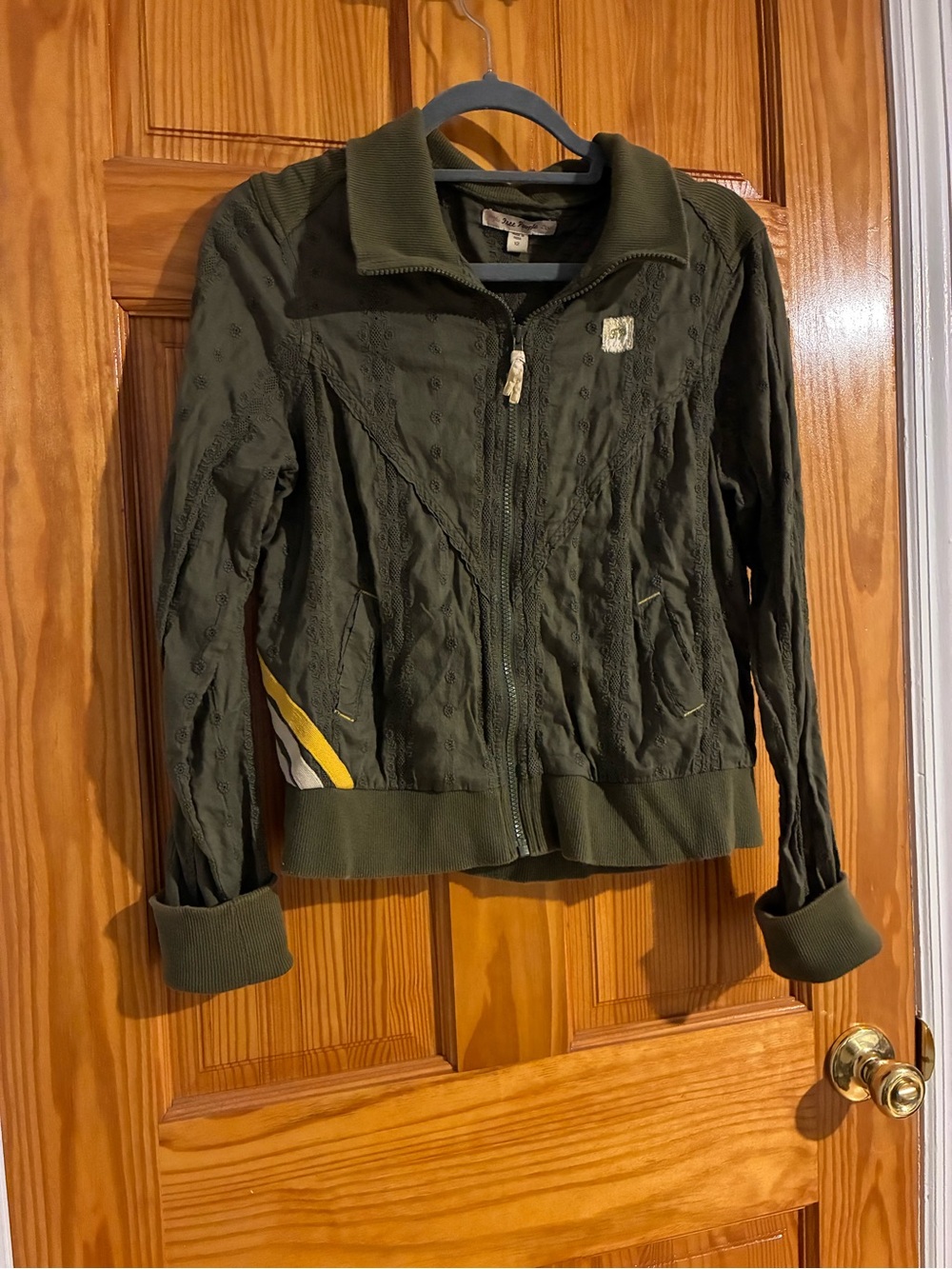 Vintage Free People Olive Zip-Front Bomber Jacket with Yellow & White Accent